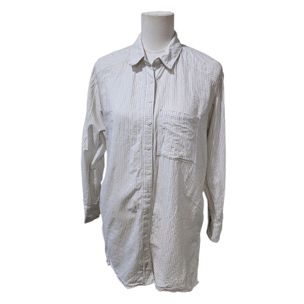 Anthropologie Striped Longline Button Down Shirt White Black XS Seersucker Tunic